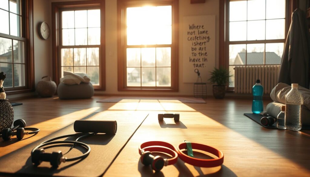 A cozy and inviting home workout space, bathed in warm natural light filtering through large windows. A yoga mat and an array of resistance bands and dumbbells are neatly arranged, conveying a sense of organization and dedication. In the background, motivational wall art or inspirational quotes add an uplifting touch, while a water bottle and a towel nearby suggest the diligence required for a successful home fitness routine. The overall atmosphere is one of determination and self-care, encouraging the viewer to embrace the challenge of staying motivated in their own home fitness journey.