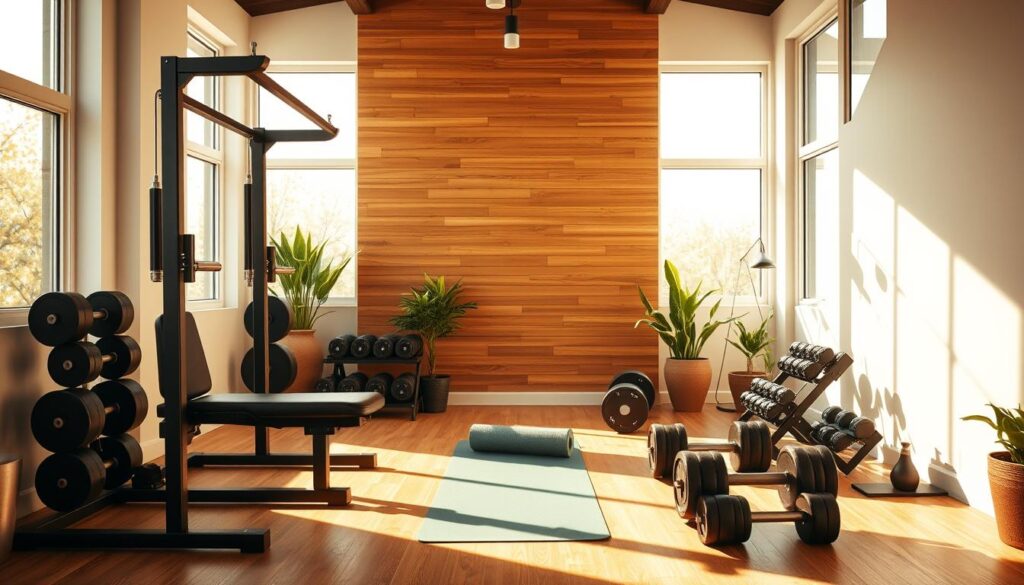 A cozy home gym flooded with warm, natural light streaming through large windows. In the foreground, a collection of essential strength training equipment - a sleek, state-of-the-art weight rack, a bench press, and an assortment of free weights in various sizes neatly arranged. The middle ground features a yoga mat rolled out, ready for core and mobility exercises. In the background, a wooden accent wall creates a soothing, zen-like atmosphere, complemented by a few carefully placed houseplants. The overall scene conveys a sense of tranquility and purpose, a sanctuary dedicated to building physical and mental strength. A cozy home gym flooded with warm, natural light streaming through large windows. In the foreground, a collection of essential strength training equipment - a sleek, state-of-the-art weight rack, a bench press, and an assortment of free weights in various sizes neatly arranged. The middle ground features a yoga mat rolled out, ready for core and mobility exercises. In the background, a wooden accent wall creates a soothing, zen-like atmosphere, complemented by a few carefully placed houseplants. The overall scene conveys a sense of tranquility and purpose, a sanctuary dedicated to building physical and mental strength.