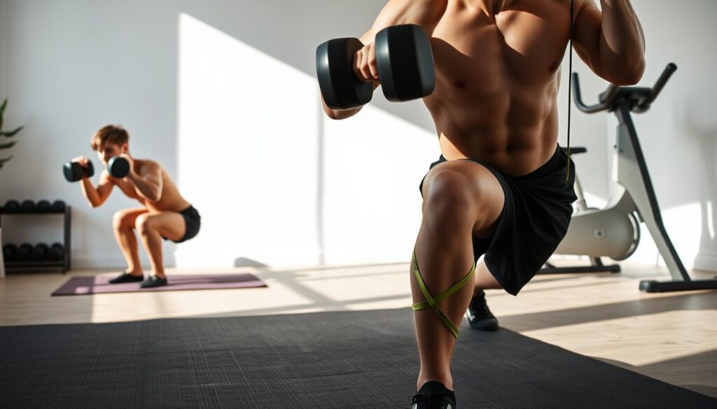 A high-intensity interval training (HIIT) workout in a well-lit home gym. In the foreground, a person performs squats with dumbbells, their strong muscles visible as they engage their core. Resistance bands are looped around their legs, providing additional resistance. In the middle ground, the same person transitions into pushups, their body in perfect form. The background features a minimalist home gym setup, with a yoga mat, a wall-mounted rack of dumbbells, and a sleek, modern exercise bike. The lighting is bright and natural, casting long shadows and highlighting the intensity of the workout. The overall mood is one of focused determination and fitness. A high-intensity interval training (HIIT) workout in a well-lit home gym. In the foreground, a person performs squats with dumbbells, their strong muscles visible as they engage their core. Resistance bands are looped around their legs, providing additional resistance. In the middle ground, the same person transitions into pushups, their body in perfect form. The background features a minimalist home gym setup, with a yoga mat, a wall-mounted rack of dumbbells, and a sleek, modern exercise bike. The lighting is bright and natural, casting long shadows and highlighting the intensity of the workout. The overall mood is one of focused determination and fitness.