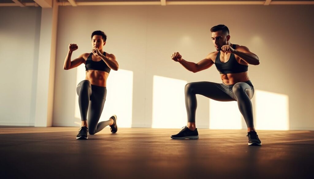 A medium shot of two individuals performing lunges and split squats in a well-lit, minimalist gym environment. The foreground features the exercisers, wearing form-fitting athletic attire, executing the techniques with proper form and control. The middle ground showcases their muscular definition and focus, while the background blurs softly, creating a sense of depth and concentration. The lighting is natural and evenly distributed, casting a warm, motivating glow. The camera angle is slightly elevated, providing an authoritative perspective on the exercises. The overall mood is one of fitness, determination, and refinement of the lower body.