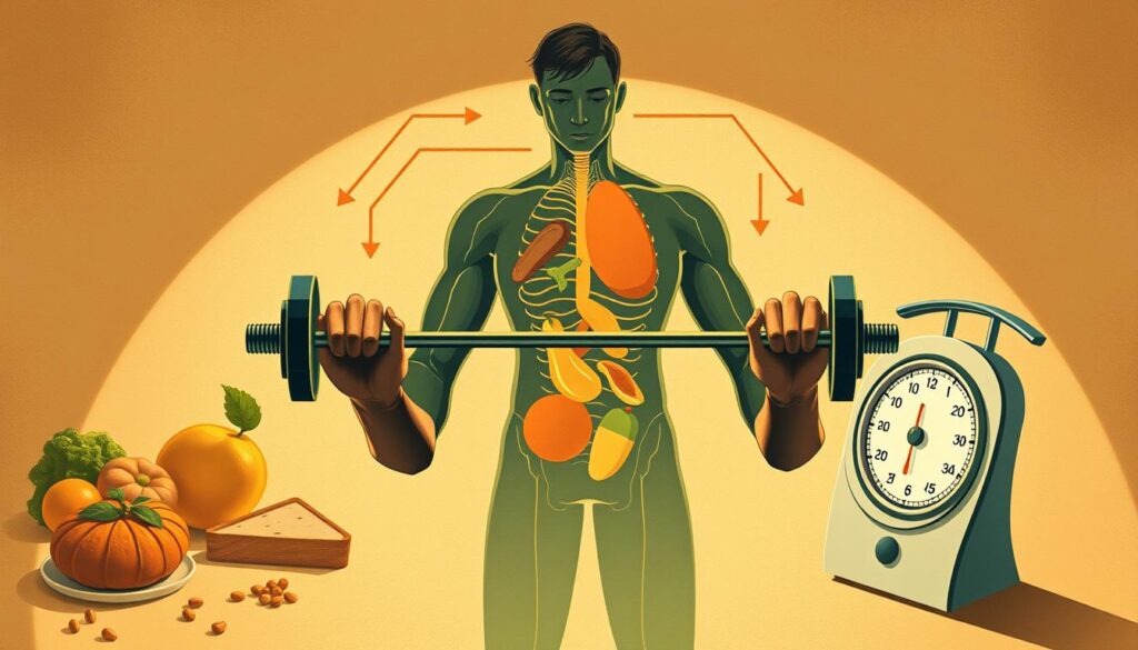 A meticulously detailed illustration depicting the interplay between calorie deficit and exercise for weight loss. In the foreground, a person performs a focused weight-lifting routine, their muscles straining against the resistance. In the middle ground, calorie-dense foods are juxtaposed with a food scale, symbolizing the careful monitoring of caloric intake. In the background, a visualization of the human metabolism, with arrows illustrating the flow of energy from food to fuel and fat-burning. Warm, earthy tones create a sense of balance and holistic well-being, while dramatic lighting casts dramatic shadows, emphasizing the effort and discipline required for successful weight loss. A meticulously detailed illustration depicting the interplay between calorie deficit and exercise for weight loss. In the foreground, a person performs a focused weight-lifting routine, their muscles straining against the resistance. In the middle ground, calorie-dense foods are juxtaposed with a food scale, symbolizing the careful monitoring of caloric intake. In the background, a visualization of the human metabolism, with arrows illustrating the flow of energy from food to fuel and fat-burning. Warm, earthy tones create a sense of balance and holistic well-being, while dramatic lighting casts dramatic shadows, emphasizing the effort and discipline required for successful weight loss.