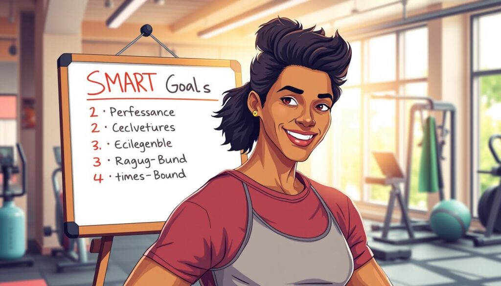 A realistic, detailed illustration of "SMART goals for fitness success" in a warm, motivational style. The foreground depicts a person setting specific, measurable, achievable, relevant, and time-bound fitness goals on a whiteboard, with a positive, determined expression. The middle ground shows supportive fitness equipment and accessories, including a water bottle, towel, and exercise mat. The background features a bright, inspirational gym environment with natural lighting filtering through large windows. The overall atmosphere conveys a sense of focus, progress, and empowerment towards reaching one's fitness objectives. A realistic, detailed illustration of "SMART goals for fitness success" in a warm, motivational style. The foreground depicts a person setting specific, measurable, achievable, relevant, and time-bound fitness goals on a whiteboard, with a positive, determined expression. The middle ground shows supportive fitness equipment and accessories, including a water bottle, towel, and exercise mat. The background features a bright, inspirational gym environment with natural lighting filtering through large windows. The overall atmosphere conveys a sense of focus, progress, and empowerment towards reaching one's fitness objectives.