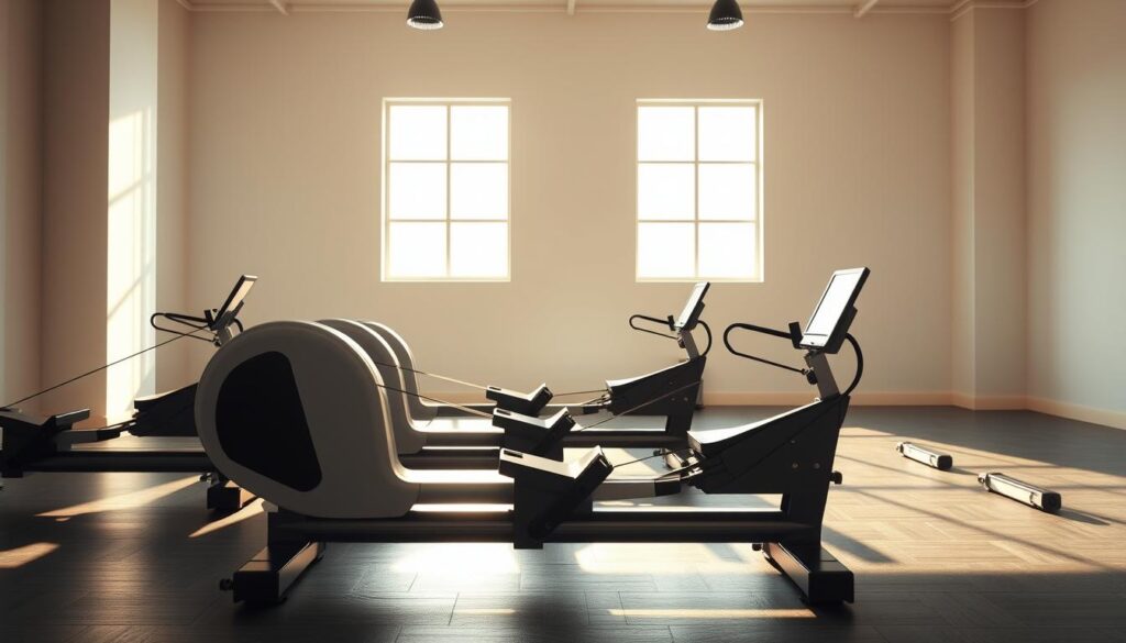 A sleek and modern arrangement of high-quality rowing machines, meticulously crafted with smooth lines and premium materials. The machines are positioned in a well-lit, airy fitness studio, bathed in warm, natural lighting that casts long shadows and highlights the machines' polished surfaces. The space is minimalist, with a clean, monochromatic color palette that emphasizes the sophisticated design of the equipment. The rowers are strategically arranged, inviting the viewer to imagine a fulfilling cardio session that engages the entire body. The overall atmosphere conveys a sense of motivation, efficiency, and the pursuit of holistic fitness. A sleek and modern arrangement of high-quality rowing machines, meticulously crafted with smooth lines and premium materials. The machines are positioned in a well-lit, airy fitness studio, bathed in warm, natural lighting that casts long shadows and highlights the machines' polished surfaces. The space is minimalist, with a clean, monochromatic color palette that emphasizes the sophisticated design of the equipment. The rowers are strategically arranged, inviting the viewer to imagine a fulfilling cardio session that engages the entire body. The overall atmosphere conveys a sense of motivation, efficiency, and the pursuit of holistic fitness.
