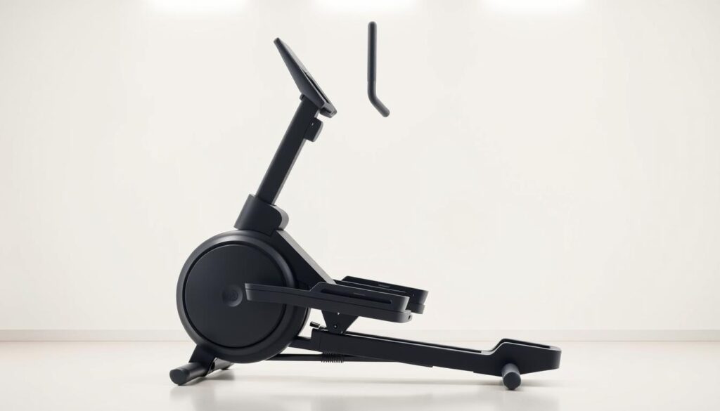 A sleek, modern elliptical machine stands in a bright, airy fitness studio. The machine's glossy black frame and ergonomic design create a minimalist, high-tech aesthetic. The elliptical's dual-action arms and large, textured footpads are illuminated by soft, diffused lighting from overhead. The background is a serene, white-walled space, creating a clean, uncluttered environment that emphasizes the machine's elegant simplicity. The overall mood is one of efficiency, functionality, and a commitment to low-impact, high-intensity cardio exercise. A sleek, modern elliptical machine stands in a bright, airy fitness studio. The machine's glossy black frame and ergonomic design create a minimalist, high-tech aesthetic. The elliptical's dual-action arms and large, textured footpads are illuminated by soft, diffused lighting from overhead. The background is a serene, white-walled space, creating a clean, uncluttered environment that emphasizes the machine's elegant simplicity. The overall mood is one of efficiency, functionality, and a commitment to low-impact, high-intensity cardio exercise.