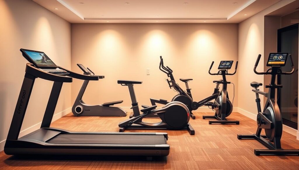 A sleek, modern home gym filled with an array of cutting-edge fitness machines. In the foreground, a state-of-the-art connected treadmill with a large, crisp display. Behind it, a high-tech rowing machine with a minimalist design and adjustable resistance. In the middle ground, a compact elliptical trainer with smooth, whisper-quiet operation. The background showcases a peloton-style indoor bike with a touchscreen interface, perfect for immersive virtual cycling sessions. The entire space is bathed in warm, diffused lighting, creating a welcoming and motivating atmosphere. The machines are arranged in a harmonious layout, showcasing the evolution of home fitness equipment towards seamless integration with smart home technology. A sleek, modern home gym filled with an array of cutting-edge fitness machines. In the foreground, a state-of-the-art connected treadmill with a large, crisp display. Behind it, a high-tech rowing machine with a minimalist design and adjustable resistance. In the middle ground, a compact elliptical trainer with smooth, whisper-quiet operation. The background showcases a peloton-style indoor bike with a touchscreen interface, perfect for immersive virtual cycling sessions. The entire space is bathed in warm, diffused lighting, creating a welcoming and motivating atmosphere. The machines are arranged in a harmonious layout, showcasing the evolution of home fitness equipment towards seamless integration with smart home technology.