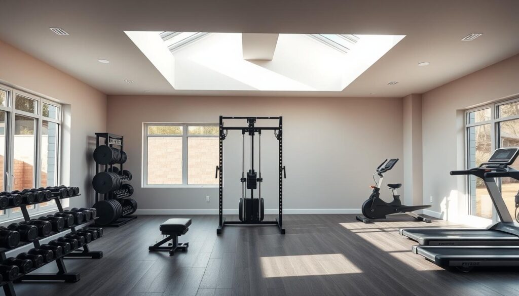 A spacious and ergonomically designed home gym with sleek, minimalist equipment thoughtfully arranged for optimal workflow. Soft, natural lighting from large windows and skylights creates a bright, airy atmosphere. A central power rack anchors the space, flanked by adjustable weight benches and a variety of free weights. Against the far wall, a high-quality treadmill and stationary bike invite cardio workouts. Neutral-toned floors, walls, and accents project a calming, focused ambiance to inspire efficient, productive training sessions.