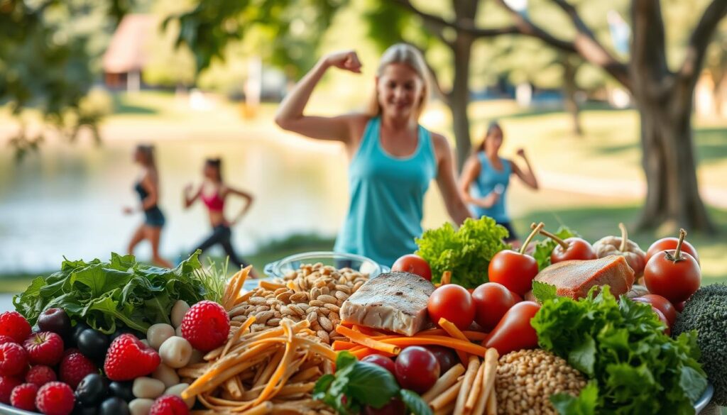 A vibrant and health-conscious composition showcasing the vital role of diet and exercise in effective blood pressure management. In the foreground, a diverse array of fresh, nutritious ingredients - leafy greens, berries, whole grains, lean proteins - artfully arranged to convey a balanced, nourishing meal. In the middle ground, a person engaged in a variety of fitness activities, from strength training to cardio, all bathed in warm, natural lighting that enhances the sense of vitality and well-being. The background depicts a serene, park-like setting with lush greenery and a tranquil body of water, evoking the calming, restorative effects of an active, mindful lifestyle. The overall scene embodies the harmony between wholesome dietary choices and regular physical activity as key pillars of effective blood pressure management. A vibrant and health-conscious composition showcasing the vital role of diet and exercise in effective blood pressure management. In the foreground, a diverse array of fresh, nutritious ingredients - leafy greens, berries, whole grains, lean proteins - artfully arranged to convey a balanced, nourishing meal. In the middle ground, a person engaged in a variety of fitness activities, from strength training to cardio, all bathed in warm, natural lighting that enhances the sense of vitality and well-being. The background depicts a serene, park-like setting with lush greenery and a tranquil body of water, evoking the calming, restorative effects of an active, mindful lifestyle. The overall scene embodies the harmony between wholesome dietary choices and regular physical activity as key pillars of effective blood pressure management.