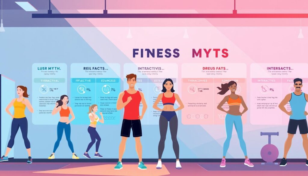 A vibrant, colorful illustration depicting the debunking of common fitness myths. In the foreground, a group of diverse individuals engaged in various exercises, each representing a myth being disproven. In the middle ground, a series of interactive infographic panels showcasing the real facts and science behind fitness, with sleek, modern typography. The background features a clean, minimalist gym setting with natural lighting, accented by a soft, inspirational color palette. The overall scene conveys a sense of empowerment, education, and the importance of evidence-based fitness practices for beginners. A vibrant, colorful illustration depicting the debunking of common fitness myths. In the foreground, a group of diverse individuals engaged in various exercises, each representing a myth being disproven. In the middle ground, a series of interactive infographic panels showcasing the real facts and science behind fitness, with sleek, modern typography. The background features a clean, minimalist gym setting with natural lighting, accented by a soft, inspirational color palette. The overall scene conveys a sense of empowerment, education, and the importance of evidence-based fitness practices for beginners.