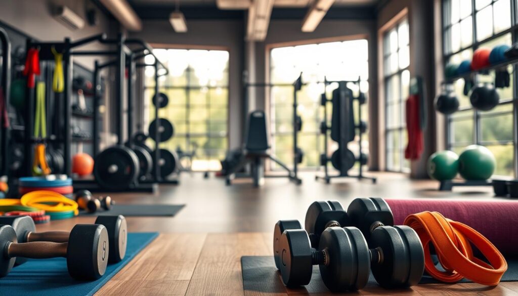 A vibrant, well-lit gym interior with a focus on strength training equipment and fitness accessories. In the foreground, dumbbells, resistance bands, and a yoga mat are neatly arranged, conveying a sense of organization and preparedness. The middle ground features a weight rack, a bench press, and a pull-up bar, showcasing the essential tools for building muscle and improving strength. The background showcases a large window, allowing natural light to flood the space and create a warm, inviting atmosphere. The overall scene radiates a sense of motivation, discipline, and a commitment to a healthy, active lifestyle.