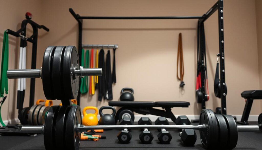 A well-equipped home gym featuring an assortment of strength training equipment. In the foreground, a sleek barbell with weight plates stands upright, ready for intense weightlifting sessions. Surrounding it, a collection of sturdy resistance bands, kettlebells, and a heavy-duty exercise bench invite users to explore a variety of resistance training exercises. In the middle ground, a set of adjustable dumbbells in various weights suggest the versatility of the space, allowing users to target specific muscle groups. The background showcases a neutral-toned wall, creating a clean, minimalist backdrop that enhances the focus on the equipment. Soft, even lighting illuminates the scene, conveying a sense of professionalism and dedication to personal fitness. A well-equipped home gym featuring an assortment of strength training equipment. In the foreground, a sleek barbell with weight plates stands upright, ready for intense weightlifting sessions. Surrounding it, a collection of sturdy resistance bands, kettlebells, and a heavy-duty exercise bench invite users to explore a variety of resistance training exercises. In the middle ground, a set of adjustable dumbbells in various weights suggest the versatility of the space, allowing users to target specific muscle groups. The background showcases a neutral-toned wall, creating a clean, minimalist backdrop that enhances the focus on the equipment. Soft, even lighting illuminates the scene, conveying a sense of professionalism and dedication to personal fitness.