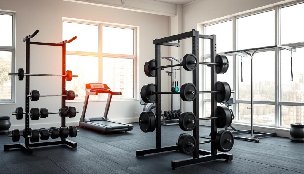 A well-equipped home gym setup in a spacious, airy room with large windows bathed in natural light. In the foreground, a high-quality weightlifting rack stands prominently, adorned with an array of dumbbells and barbells neatly arranged. A sleek, state-of-the-art treadmill and an adjustable exercise bench occupy the middle ground, while in the background, a wall-mounted pull-up bar and a vibrant, minimalist color scheme create a sense of cohesion. The overall atmosphere exudes a perfect balance of functionality, sophistication, and a dedicated commitment to fitness.