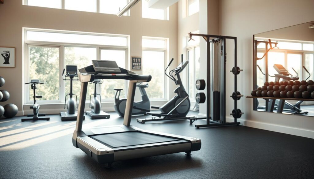 A well-equipped home gym with an array of effective fitness machines in a bright, airy space. In the foreground, an ergonomic treadmill, its sleek design and advanced technology evident. Behind it, a sturdy elliptical machine and a comprehensive weight rack, all positioned on a resilient rubber floor. Through large windows, natural light streams in, casting a warm, inviting glow on the scene. Motivational wall art and a strategically placed mirror add to the sense of purpose and progress. The overall atmosphere exudes efficiency, functionality, and a commitment to personal health and well-being. A well-equipped home gym with an array of effective fitness machines in a bright, airy space. In the foreground, an ergonomic treadmill, its sleek design and advanced technology evident. Behind it, a sturdy elliptical machine and a comprehensive weight rack, all positioned on a resilient rubber floor. Through large windows, natural light streams in, casting a warm, inviting glow on the scene. Motivational wall art and a strategically placed mirror add to the sense of purpose and progress. The overall atmosphere exudes efficiency, functionality, and a commitment to personal health and well-being.