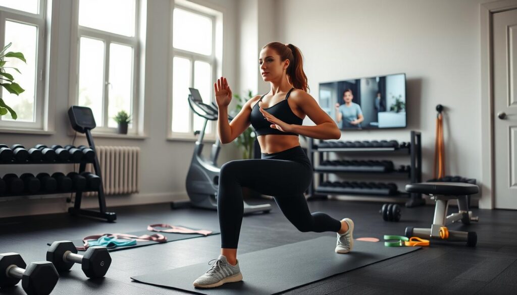 A well-equipped home gym with natural lighting filtering through large windows. In the foreground, a woman performs a set of lunges, her form precise and her expression focused. Surrounding her, an assortment of dumbbells, resistance bands, and a yoga mat neatly arranged. The middle ground features a sleek exercise bike and a sturdy weight bench, while the background showcases a wall-mounted TV displaying a virtual fitness instructor, guiding the workout. The overall atmosphere is one of productivity, discipline, and a dedication to physical and mental well-being. A well-equipped home gym with natural lighting filtering through large windows. In the foreground, a woman performs a set of lunges, her form precise and her expression focused. Surrounding her, an assortment of dumbbells, resistance bands, and a yoga mat neatly arranged. The middle ground features a sleek exercise bike and a sturdy weight bench, while the background showcases a wall-mounted TV displaying a virtual fitness instructor, guiding the workout. The overall atmosphere is one of productivity, discipline, and a dedication to physical and mental well-being.
