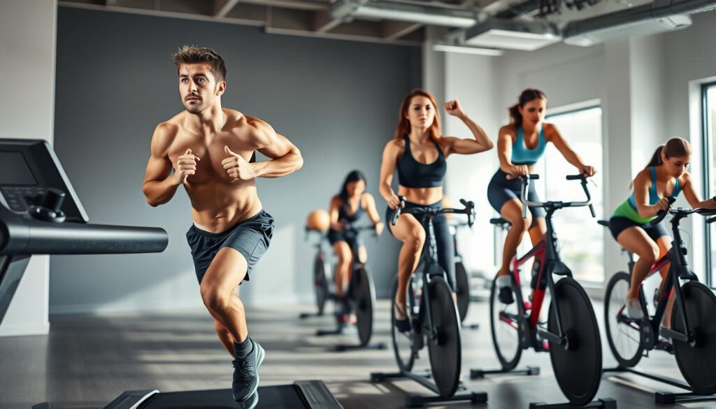 A well-lit, high-resolution photograph of a diverse group of fit individuals engaged in various athletic activities, set against a clean, modern background. In the foreground, a male athlete sprinting on a treadmill, his face flushed with exertion, showcasing the enhanced endurance and performance enabled by nitric oxide. In the middle ground, a female weightlifter effortlessly lifting heavy barbells, demonstrating the muscle-building and strength-boosting benefits of nitric oxide. In the background, a group of cyclists pedaling on stationary bikes, their bodies radiating the energy and vitality of nitric oxide-fueled fitness. The overall atmosphere conveys the comprehensive physical and physiological advantages of nitric oxide for optimal athletic performance.