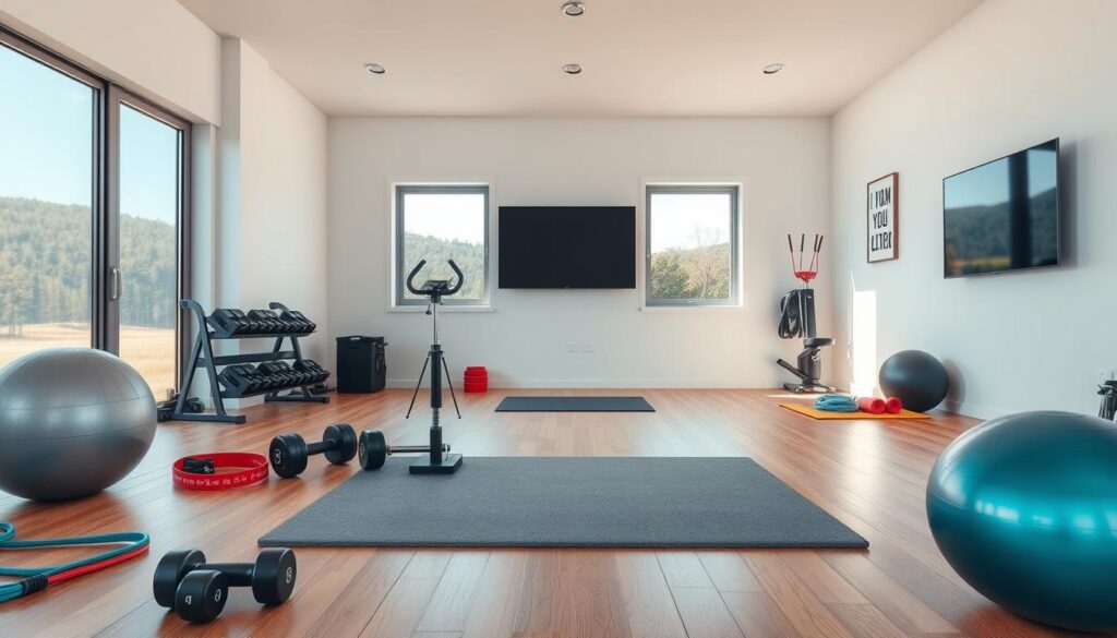 A well-lit, modern home gym with a sleek, minimalist design. In the foreground, a plush exercise mat covers the polished hardwood floor, surrounded by a variety of fitness equipment like dumbbells, resistance bands, and a yoga ball. Midground, a large window overlooks a peaceful, natural landscape, allowing natural light to flood the space. In the background, a clean, white wall is adorned with motivational wall art and a mounted flat-screen TV for streaming workouts. The overall atmosphere is calming, inviting, and conducive to a focused, productive home workout session.