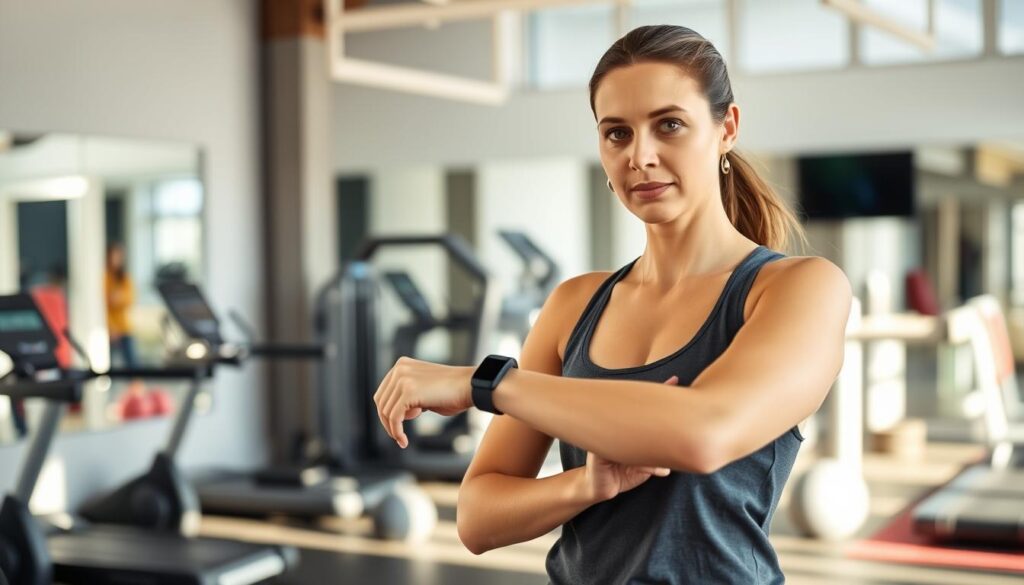 A woman standing in a well-lit gym, evaluating her fitness level. She is wearing comfortable workout attire and using a fitness tracker on her wrist. In the background, various exercise equipment such as treadmills, weights, and yoga mats can be seen, suggesting a dedicated fitness environment. The lighting is soft and natural, creating a calming atmosphere. The woman's expression is focused yet determined, as she assesses her current physical capabilities and plans her next steps towards a healthier lifestyle. A woman standing in a well-lit gym, evaluating her fitness level. She is wearing comfortable workout attire and using a fitness tracker on her wrist. In the background, various exercise equipment such as treadmills, weights, and yoga mats can be seen, suggesting a dedicated fitness environment. The lighting is soft and natural, creating a calming atmosphere. The woman's expression is focused yet determined, as she assesses her current physical capabilities and plans her next steps towards a healthier lifestyle.