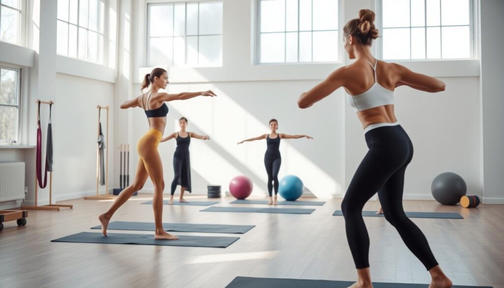 A bright and airy Pilates studio with natural light streaming in through large windows. In the foreground, a slim, toned individual performing a beginner-level Pilates mat exercise, their movements graceful and controlled. In the middle ground, a few other students mirroring the instructor's actions, creating a sense of a group class. The background features minimalist Pilates equipment like resistance bands, stability balls, and foam rollers, all neatly arranged. The overall mood is calming, focused, and inviting, encouraging the viewer to envision themselves embarking on a beginner Pilates journey. A bright and airy Pilates studio with natural light streaming in through large windows. In the foreground, a slim, toned individual performing a beginner-level Pilates mat exercise, their movements graceful and controlled. In the middle ground, a few other students mirroring the instructor's actions, creating a sense of a group class. The background features minimalist Pilates equipment like resistance bands, stability balls, and foam rollers, all neatly arranged. The overall mood is calming, focused, and inviting, encouraging the viewer to envision themselves embarking on a beginner Pilates journey.