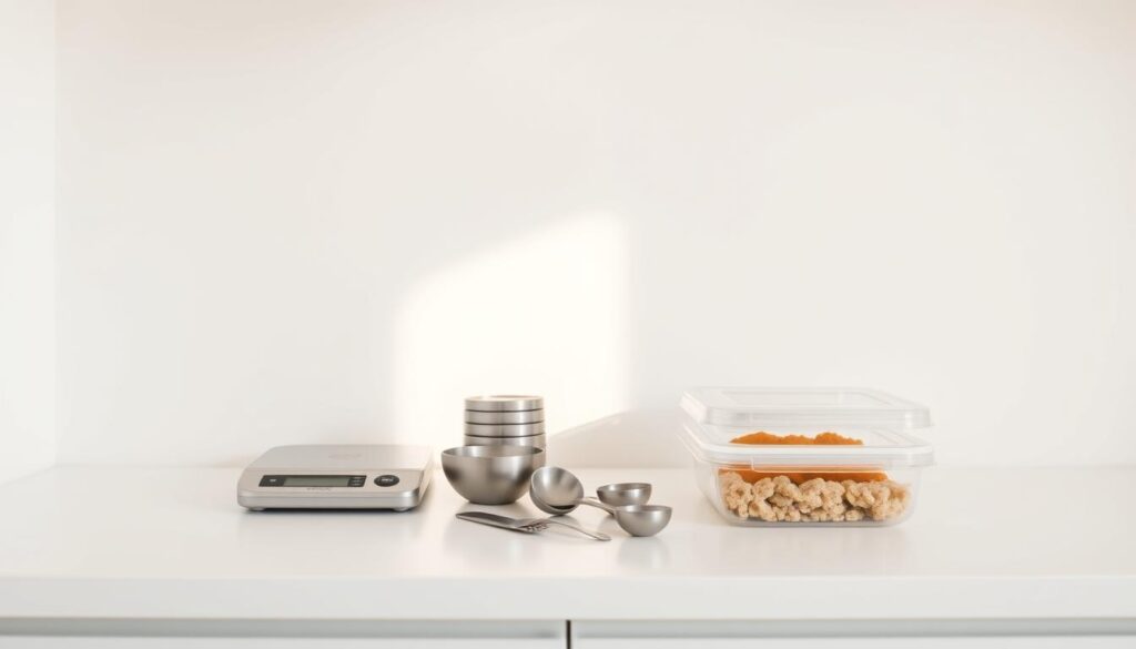 A clean, minimalist kitchen counter with various portion-control tools neatly arranged. In the foreground, a digital food scale, a set of measuring cups and spoons, and a portion-controlled meal prep container. The middle ground features a clean white backdrop, with a warm, natural light source casting soft shadows. In the background, a simple, uncluttered wall with a subtle, natural-toned color palette. The overall scene conveys a sense of organization, discipline, and a thoughtful approach to healthy eating and meal planning. A clean, minimalist kitchen counter with various portion-control tools neatly arranged. In the foreground, a digital food scale, a set of measuring cups and spoons, and a portion-controlled meal prep container. The middle ground features a clean white backdrop, with a warm, natural light source casting soft shadows. In the background, a simple, uncluttered wall with a subtle, natural-toned color palette. The overall scene conveys a sense of organization, discipline, and a thoughtful approach to healthy eating and meal planning.