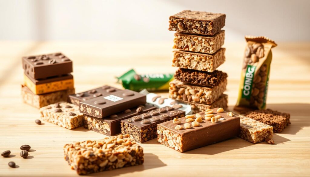 A high-quality assortment of protein bars arranged on a clean, minimalist wooden surface. A diverse selection of flavors and textures, including chocolate-coated, nut-based, and fruit-infused varieties, all neatly displayed against a soft, warm lighting that highlights their rich, appetizing colors. The bars are positioned to create a sense of balance and harmony, with some bars stacked, others placed individually, showcasing their distinct shapes and sizes. The overall atmosphere conveys a message of health, fitness, and the benefits of incorporating nutrient-dense snacks into an active lifestyle. A high-quality assortment of protein bars arranged on a clean, minimalist wooden surface. A diverse selection of flavors and textures, including chocolate-coated, nut-based, and fruit-infused varieties, all neatly displayed against a soft, warm lighting that highlights their rich, appetizing colors. The bars are positioned to create a sense of balance and harmony, with some bars stacked, others placed individually, showcasing their distinct shapes and sizes. The overall atmosphere conveys a message of health, fitness, and the benefits of incorporating nutrient-dense snacks into an active lifestyle.