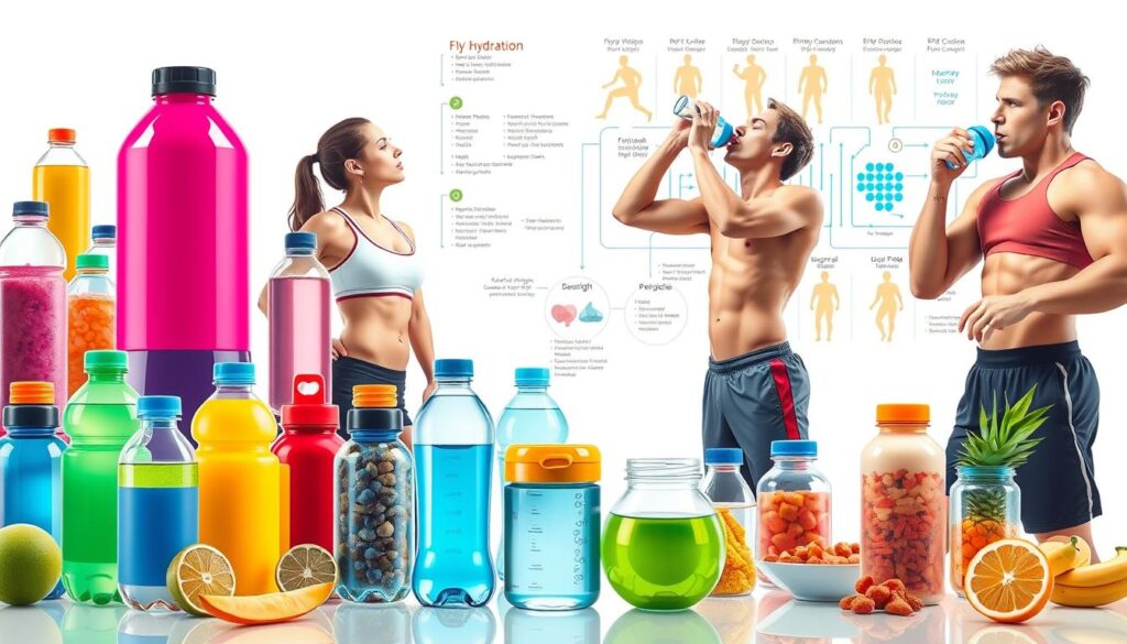 A highly detailed, scientifically accurate illustration of various hydration tips for an active workout routine. The foreground features a diverse array of sports drinks, water bottles, and electrolyte-rich snacks meticulously arranged against a clean, bright background. The middle ground showcases a trio of athletically-built individuals in dynamic workout poses, drinking from their water bottles with intense focus. In the background, a cutting-edge scientific diagram illustrates the physiological processes of fluid and electrolyte replenishment during exercise, rendered in a sleek, minimalist style. The overall composition conveys a sense of expertise, health, and cutting-edge fitness science, perfectly suited to accompany the article section on the importance of proper workout hydration. A highly detailed, scientifically accurate illustration of various hydration tips for an active workout routine. The foreground features a diverse array of sports drinks, water bottles, and electrolyte-rich snacks meticulously arranged against a clean, bright background. The middle ground showcases a trio of athletically-built individuals in dynamic workout poses, drinking from their water bottles with intense focus. In the background, a cutting-edge scientific diagram illustrates the physiological processes of fluid and electrolyte replenishment during exercise, rendered in a sleek, minimalist style. The overall composition conveys a sense of expertise, health, and cutting-edge fitness science, perfectly suited to accompany the article section on the importance of proper workout hydration.