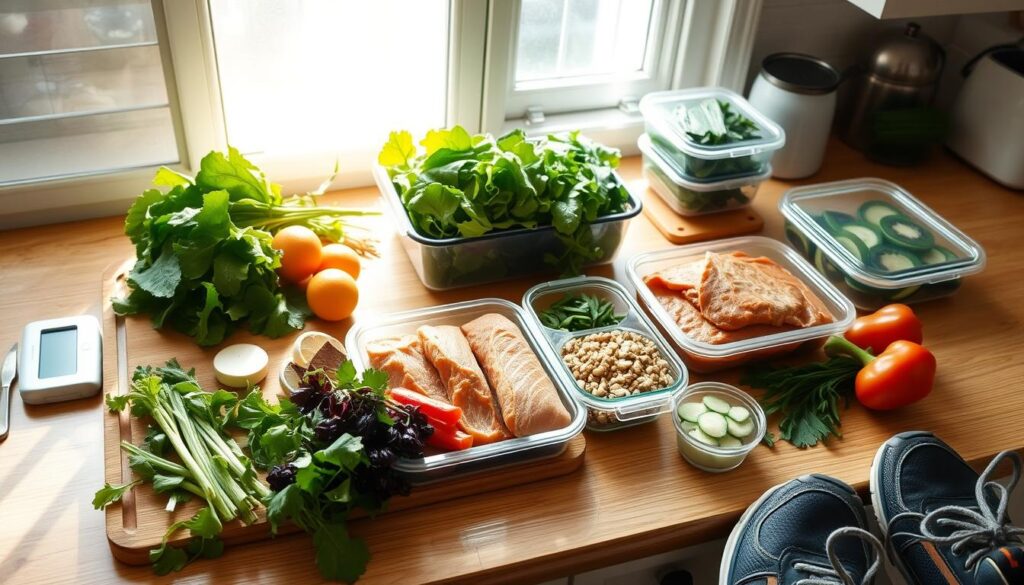 A sun-dappled kitchen counter with a variety of fresh, wholesome ingredients laid out - leafy greens, vibrant vegetables, lean protein, whole grains, and healthy fats. A cutting board, meal prep containers, and a digital scale create an organized, intentional scene. Soft, natural lighting illuminates the scene, capturing the simplicity and mindfulness of weight loss meal planning. The atmosphere is warm and inviting, conveying a sense of nourishment and well-being. A pair of sneakers hints at the active lifestyle that complements this healthy routine. A sun-dappled kitchen counter with a variety of fresh, wholesome ingredients laid out - leafy greens, vibrant vegetables, lean protein, whole grains, and healthy fats. A cutting board, meal prep containers, and a digital scale create an organized, intentional scene. Soft, natural lighting illuminates the scene, capturing the simplicity and mindfulness of weight loss meal planning. The atmosphere is warm and inviting, conveying a sense of nourishment and well-being. A pair of sneakers hints at the active lifestyle that complements this healthy routine.