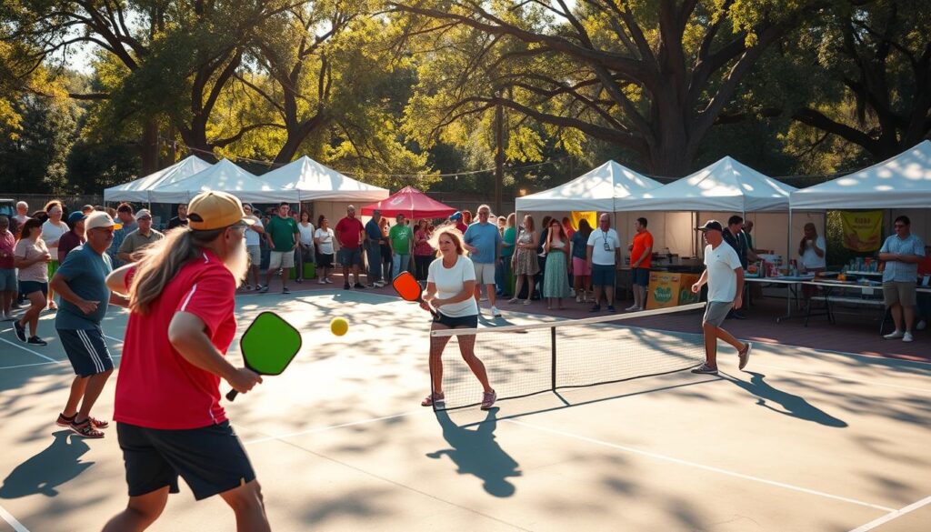 A vibrant pickleball community event set on a sun-dappled outdoor court. In the foreground, a group of lively players engaged in a friendly doubles match, their paddles striking the fluorescent ball with rhythmic precision. The middle ground features a mix of spectators cheering from the sidelines, enthusiastically following the game. In the background, a festive atmosphere with colorful banners, food stalls, and vendors showcasing pickleball gear and accessories. Warm, natural lighting filters through the trees, casting a golden glow over the entire scene, capturing the social, active, and joyful essence of a thriving pickleball community. A vibrant pickleball community event set on a sun-dappled outdoor court. In the foreground, a group of lively players engaged in a friendly doubles match, their paddles striking the fluorescent ball with rhythmic precision. The middle ground features a mix of spectators cheering from the sidelines, enthusiastically following the game. In the background, a festive atmosphere with colorful banners, food stalls, and vendors showcasing pickleball gear and accessories. Warm, natural lighting filters through the trees, casting a golden glow over the entire scene, capturing the social, active, and joyful essence of a thriving pickleball community.