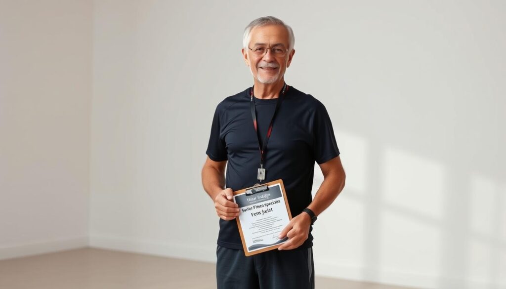 A well-lit studio setting featuring an older adult, dressed in athletic attire, standing confidently while holding a clipboard and wearing a badge or certificate that prominently displays their credentials as a "Senior Fitness Specialist". The individual has an expression of expertise and warmth, conveying their ability to guide and inspire others. The background is clean and uncluttered, allowing the subject's qualifications and professionalism to be the focal point. The lighting is soft and directional, creating subtle shadows that add depth and dimension to the scene. The overall mood is one of trust, authority, and a commitment to helping older adults achieve their fitness goals. A well-lit studio setting featuring an older adult, dressed in athletic attire, standing confidently while holding a clipboard and wearing a badge or certificate that prominently displays their credentials as a "Senior Fitness Specialist". The individual has an expression of expertise and warmth, conveying their ability to guide and inspire others. The background is clean and uncluttered, allowing the subject's qualifications and professionalism to be the focal point. The lighting is soft and directional, creating subtle shadows that add depth and dimension to the scene. The overall mood is one of trust, authority, and a commitment to helping older adults achieve their fitness goals.