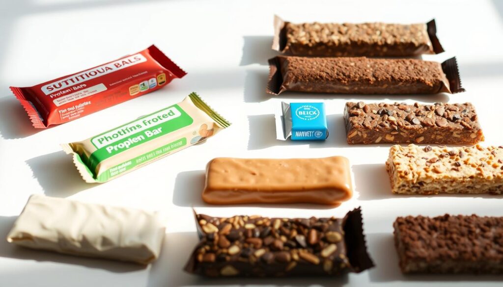 An assortment of various protein bars neatly arranged on a clean, white background, illuminated by soft, natural lighting from the side. The bars come in different flavors and formulations, allowing for a side-by-side comparison of their textures, nutritional profiles, and overall visual appeal. The arrangement is visually balanced, with the bars positioned in a way that highlights their individual characteristics. The image conveys a sense of objectivity and invites the viewer to closely examine and compare the different options, as if they were evaluating potential purchases for their specific dietary needs and fitness goals. An assortment of various protein bars neatly arranged on a clean, white background, illuminated by soft, natural lighting from the side. The bars come in different flavors and formulations, allowing for a side-by-side comparison of their textures, nutritional profiles, and overall visual appeal. The arrangement is visually balanced, with the bars positioned in a way that highlights their individual characteristics. The image conveys a sense of objectivity and invites the viewer to closely examine and compare the different options, as if they were evaluating potential purchases for their specific dietary needs and fitness goals.