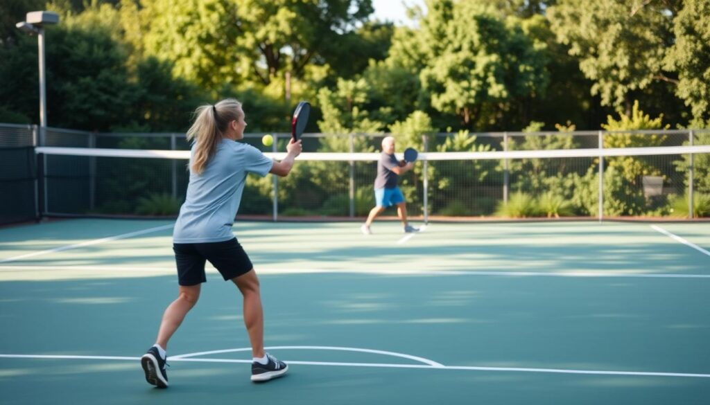 Pickleball techniques for beginners: a serene outdoor court with a soft, natural light filtering through lush greenery. In the foreground, a player poised mid-swing, their paddle slicing through the air with precision, capturing the fluid motion of a pickleball serve. In the middle ground, another player returns the shot, their body weight shifting with the momentum of the game. The background showcases the court's crisp white lines, contrasting with the vibrant hues of the surrounding foliage, creating a sense of tranquility and focus. The scene conveys the grace, concentration, and camaraderie inherent in the fundamentals of pickleball. Pickleball techniques for beginners: a serene outdoor court with a soft, natural light filtering through lush greenery. In the foreground, a player poised mid-swing, their paddle slicing through the air with precision, capturing the fluid motion of a pickleball serve. In the middle ground, another player returns the shot, their body weight shifting with the momentum of the game. The background showcases the court's crisp white lines, contrasting with the vibrant hues of the surrounding foliage, creating a sense of tranquility and focus. The scene conveys the grace, concentration, and camaraderie inherent in the fundamentals of pickleball.